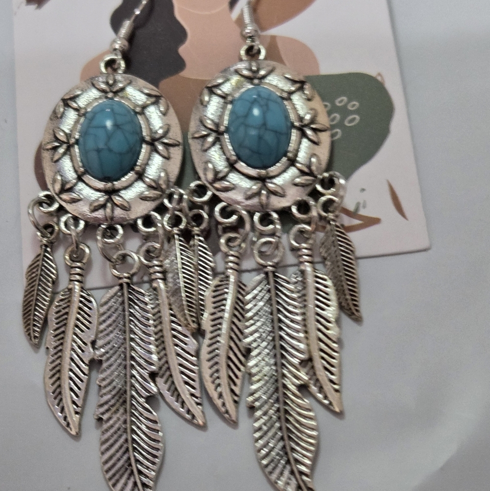 Silvertone and Faux Turquoise Dangle Earrings